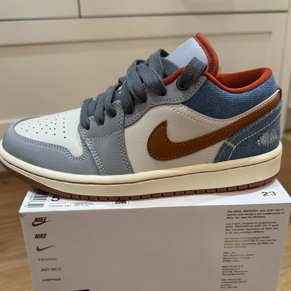 Jordan Kids Low Top Sneaker in White, Gray, Brown & Blue Denim